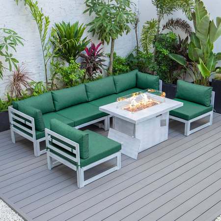 LEISUREMOD Chelsea 7-Piece Patio Sectional And Fire Pit Table Weathered Grey Aluminum With Green Cushions CSFWGR-7G